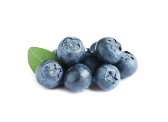 Fresh raw tasty blueberries with leaf isolated on white