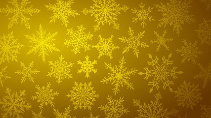 Fototapeta na wymiar Christmas background with various complex big and small snowflakes in yellow colors