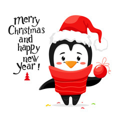 Cute Christmas penguin in a Santa hat and a Christmas ball in his hand. Vector character on white background. Handwritten, lettering   Merry Christmas