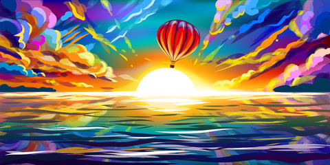  Balloon flying at sunset over the sea. Color artistic image of a beautiful sunset, a flying balloon and the sea.