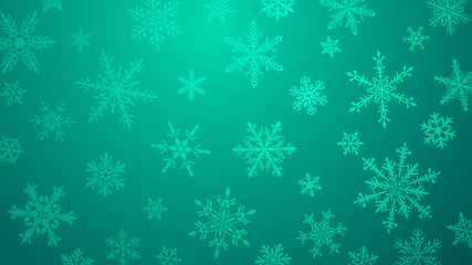Fototapeta na wymiar Christmas background with various complex big and small snowflakes in light blue colors