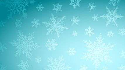 Fototapeta na wymiar Christmas background with various complex big and small snowflakes in light blue colors