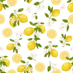 Seamless pattern. with yellow citrus fruit. Lemons, leaves and flowers. Tropical illustration.