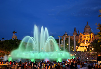 The "Font Magica" ("magic fountain") in front of the Palau Nacional (Museu Nacional d'Art de Catalunya),  Barcelona, Spain.