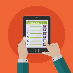 Hands holding tablet and checking off items on a checlist vector illustration