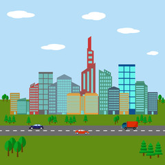 City landscape, urban, various buildings vector illustration