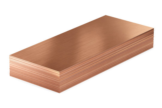 Copper sheets or copper plates. Isolated, clipping path included. 3d illustration.