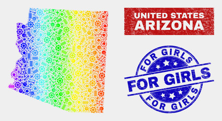 Tools Arizona State map and blue For Girls grunge seal stamp. Spectrum gradiented vector Arizona State map mosaic of production items. Blue round For Girls stamp.