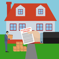 man being evicted from his home by big bank business holding eviction order vector concept