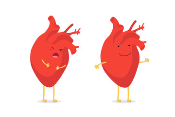 Sad sick unhealthy cry vs healthy strong happy smiling cute heart character. Medical anatomic funny cartoon human internal organ character. Vector illustration