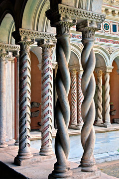 Beautiful columns in the cloister (13th century) of the Basilica di San Giovanni in Laterano, one of the 4 papal "Archbasilicas" of Rome, Italy 