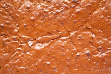 Homemade chocolate brownie texture, overhead view. Top view, from above, flat lay.