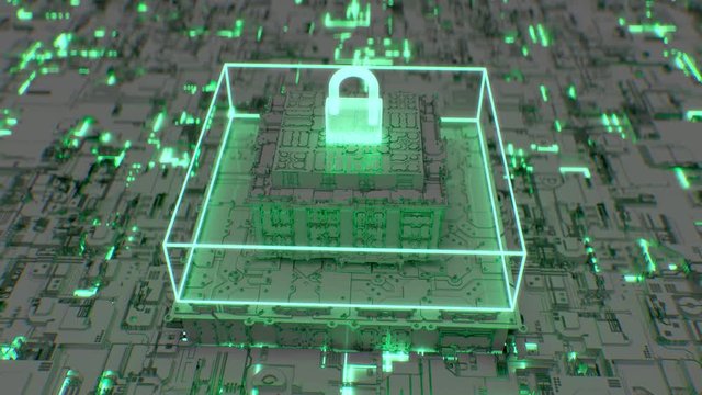4K Futuristic depiction of advanced cybersecurity. Sophisticated 3D CGI animation.