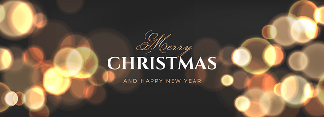 Christmas glitter vector luxury banner design. Black golden background with sparkling bokeh and gold confetti. Elegant festive decoration, gift card template