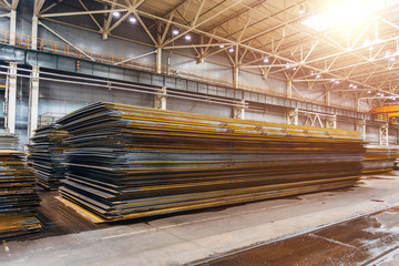 Stack of steel sheets in warehouse