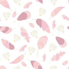 Vector seamless pattern with pink feathers and gold contours of crystals,diamonds on the transparent background. Soft colored print. Stylish,trendy, elegant design