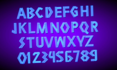 80 s blue neon retro font. Futuristic script, chrome letters. Bright print Alphabet on dark background. Light Symbols for night show in club. Galaxy space types. Outlined version.