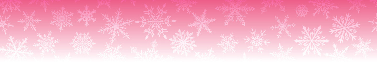 Fototapeta na wymiar Christmas banner of complex big and small snowflakes in pink and white colors. With horizontal repetition