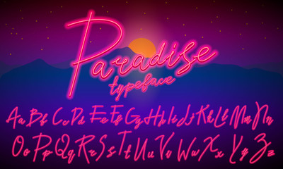 80 s blue purple retro font. Futuristic script, chrome letters. Bright Alphabet on dark background. Light Symbols for night show in club. Galaxy space lettering. Set of types. Outlined version.