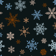 Fototapeta na wymiar Christmas seamless pattern of complex big and small snowflakes in blue and brown colors on black background