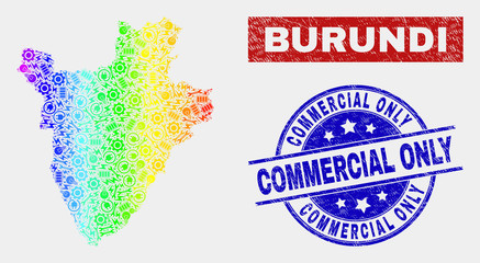 Element Burundi map and blue Commercial Only scratched stamp. Spectrum gradiented vector Burundi map mosaic of tools items. Blue round Commercial Only stamp.