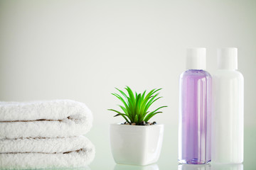 Shower supplies. Composition cosmetic products of spa treatment.