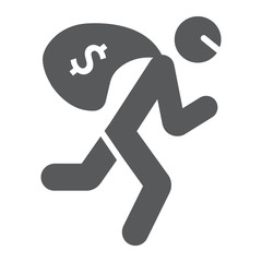 Robbery glyph icon, crime and burglary, thief with money bag sign, vector graphics, a solid pattern on a white background.