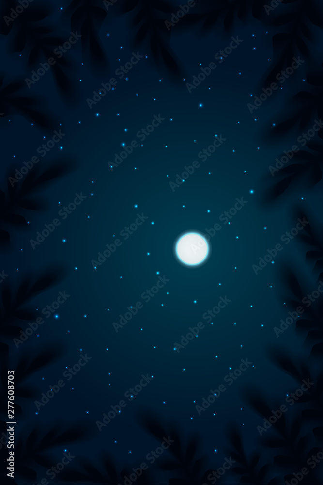 Canvas Prints night sky background. tops view trees with depth of field moon on sky and star. vector illustration.