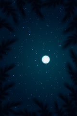 Fototapeta na wymiar Night sky background. Tops view trees with depth of field moon on sky and star. Vector illustration.
