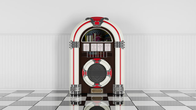 Retro jukebox on white wood planks wall and checker black white floor. 3d. 60s 70s 80s