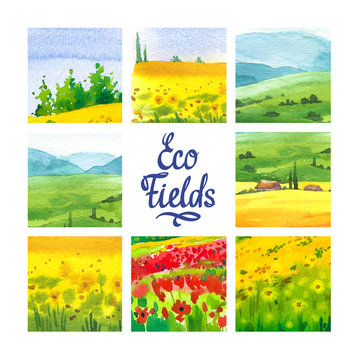 Set of watercolor illustration with landscape sunflower and poppy fields. Nature background. Organic farms. Eco growing. Agriculture.