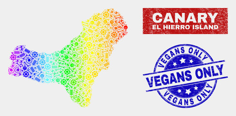 Industrial El Hierro Island map and blue Vegans Only scratched seal stamp. Spectrum gradient vector El Hierro Island map mosaic of productivity items. Blue rounded Vegans Only seal.