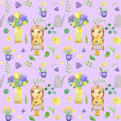 seamless pattern with cute watercolor illustration of girl and stylized flowers.