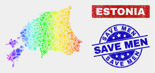 Industrial Estonia map and blue Save Men distress seal stamp. Rainbow colored gradient vector Estonia map mosaic of machinery components. Blue rounded Save Men seal.