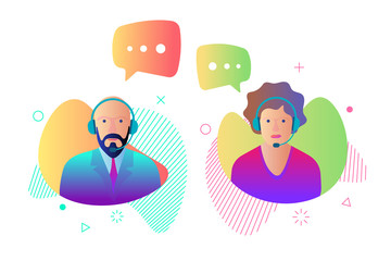 Call center customer online help service icon set. Male and female online assistant working in headphones and speech bubbles. Support character gradient vector illustration - obrazy, fototapety, plakaty