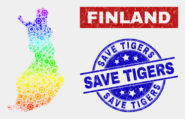 Engineering Finland map and blue Save Tigers textured seal. Rainbow colored gradient vector Finland map mosaic of engineering units. Blue rounded Save Tigers seal.