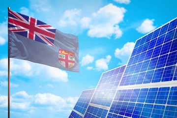Fototapeta na wymiar Fiji alternative energy, solar energy concept with flag industrial illustration - symbol of fight with global warming, 3D illustration