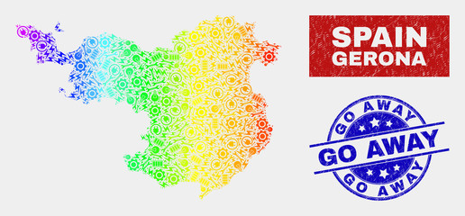 Assembly Gerona Province map and blue Go Away distress seal stamp. Colorful gradient vector Gerona Province map mosaic of workshop components. Blue round Go Away imprint.