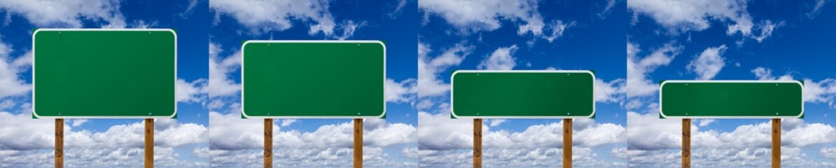 Set of Different Sized Blank Green Road Signs Over Clouds and Blue Sky - Powered by Adobe