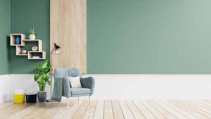 Empty wall in pastel modern interior with green and white wall with blue armchair and wood shelves ,3d rendering