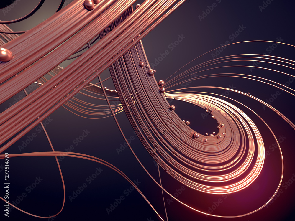Poster abstract 3d rendering gold jewelry with shiny shapes beads on a dark background