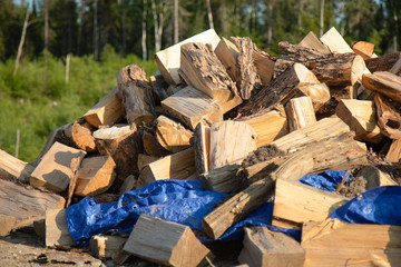 A large pile of chopped wood in summer 