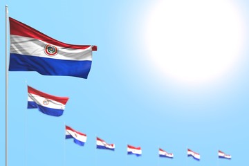 nice many Paraguay flags placed diagonal with soft focus and free place for content - any holiday flag 3d illustration..