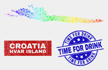Obraz premium Engineering Hvar Island map and blue Time for Drink grunge seal stamp. Spectral gradient vector Hvar Island map mosaic of industrial components. Blue rounded Time for Drink stamp.