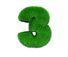 number 3 made of green grass isolated on white, nature concept - 3D illustration of symbols
