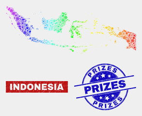 Assemble Indonesia map and blue Prizes textured seal stamp. Rainbow colored gradiented vector Indonesia map mosaic of machinery units. Blue round Prizes seal.