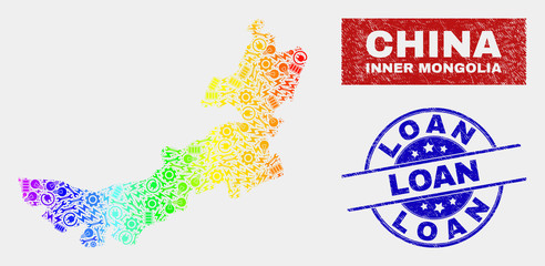 Tools Inner Mongolia map and blue Loan distress seal stamp. Rainbow colored gradient vector Inner Mongolia map mosaic of repair units. Blue round Loan badge.