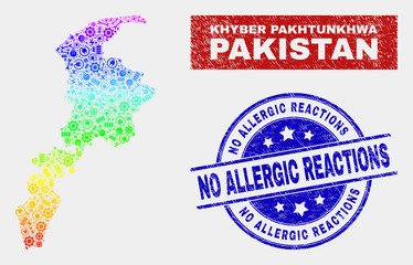 Factory Khyber Pakhtunkhwa Province map and blue No Allergic Reactions distress watermark. Rainbow colored gradiented vector Khyber Pakhtunkhwa Province map mosaic of tools.
