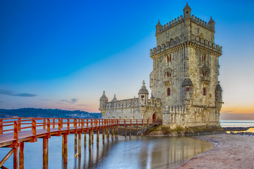 Fototapeta na wymiar Tourist Destinations. Belem Tower on Tagus River in Lisbon at Blue Hour, Portugal.