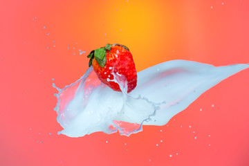 Fresh Strawberry Soaring in Flow of Milk Splashes Droplets. Isolated Against Red Background.